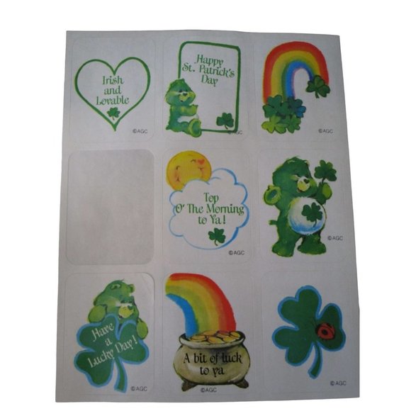 Good Luck Care Bear Shamrock St Patricks Day Vintage Stickers Two Sheets Used - Picture 2 of 13